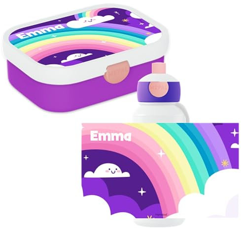 Mepal Lunchset Regenbogen Campus Personalisierte Lunchbox & Trinkflasche - Wasserflasche und Brotdose mit Namen - Pausenset für Schule und Freizeit - BPA-frei & Spülmaschinenfest - Lila Regenbogen