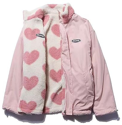 Sumleno Veste en polaire Sherpa réversible pour femme, Imprimé cœur kawaii, Fermeture éclair, Manteau d'esthétique cutecore, Y2k, Gyaru, rose, X-Large