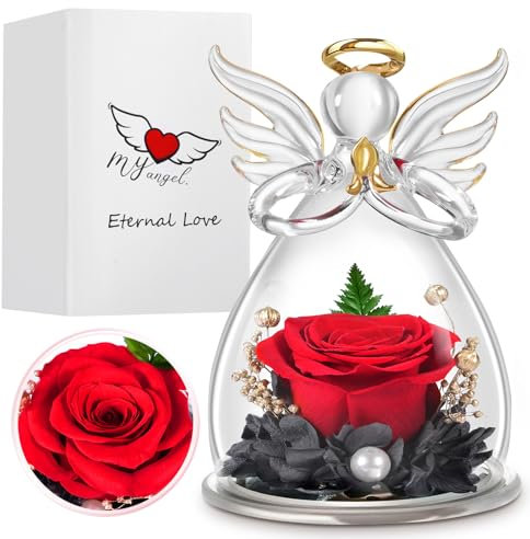 ELEUTH Geschenke für Frauen,Muttertagsgeschenke für Mama Konservierte Blume Rosen in Glas Engel Geburtstagsgeschenk für Sie,Engel Rose Figuren Geschenk für Valentinstag Muttertag Jahrestag