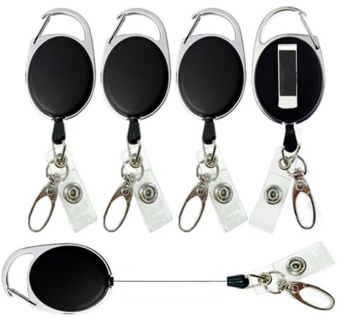 ZHIYE Retractable Badge Reel, 5 Pcs Heavy Duty Reel Clips 2 in 1 Keychain Badge Holder with Key Belt Key Ring for ID Card Badge Holder Black