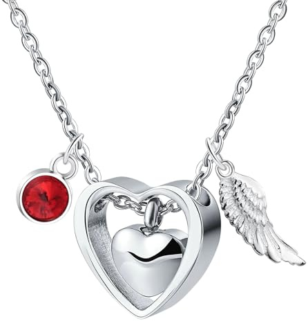 KnSam Asche Anhänger Ketten zum Medaillon, Urnen Halskette für Asche mit Tropfen Träne Anhänger mit Geburtsstein Kristallanhänger Engel Flügel Gedenken für Damen, Silber - Juli