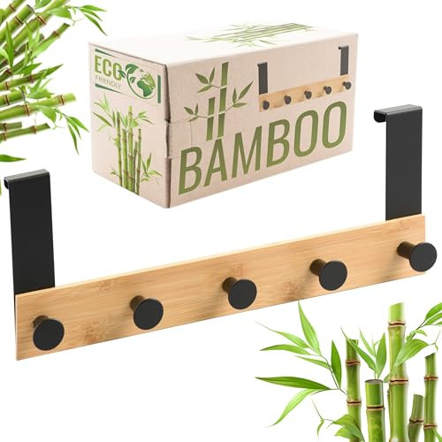 RICOO MH029N-5 Porte-manteau de porte à suspendre avec 5 crochets en acier, barre en bambou, montage sans perçage, crochet de porte pour vestes, sacs, 32 x 13 x 6,6 cm, naturel et noir