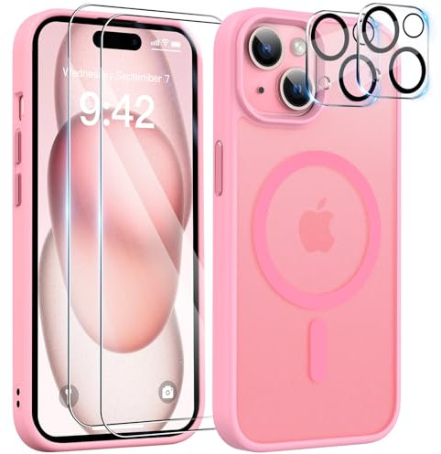 YisrLery Magnetica Cover iPhone 15 con 2 Vetro Temperato e 2 Vetro Fotocamera, Compatibile Mag Safe Hard PC Anti-Graffio Protettiva Case Antiurto Custodia con Bumper TPU (Rosa)