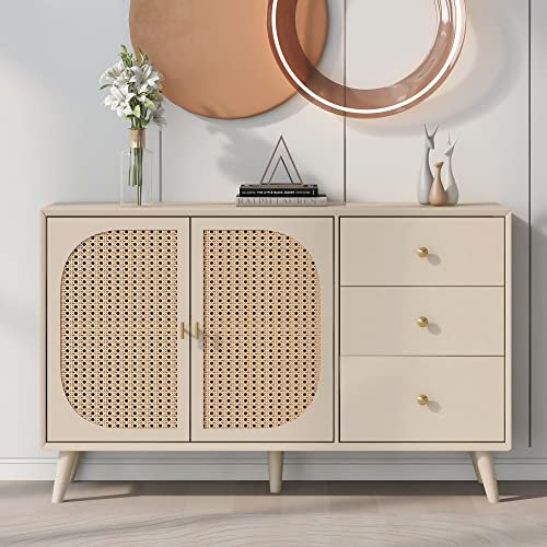 LATICO Sideboard Rattan Kommode mit 2 Türen und 3 Schubladen Stauraum, Stehschrank Küchenschrank Buffetschrank TV-Schrank Cabinet Anrichte Wohnzimmer Esszimmer Küche, 120x40x82cm, Offwhite Creme