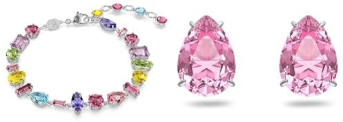 Swarovski Gema Armband, Rhodiniertes Damenarmband mit Bunten und Strahlenden Kristallen & Gema Ohrstecker, Rhodinierte Ohrringe mit Rosafarbenen Kristallen