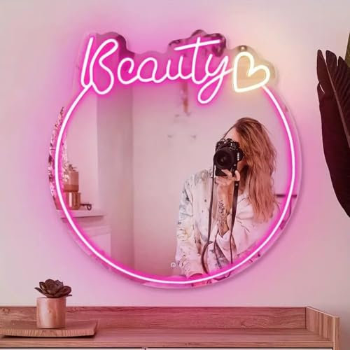 Beauty Mirror Neon Sign Light for Girls Room Wall Art Decoration Gifts for Girls Wall-Mounted Mirror Light for Beauty Shop Dressing Table Decor
