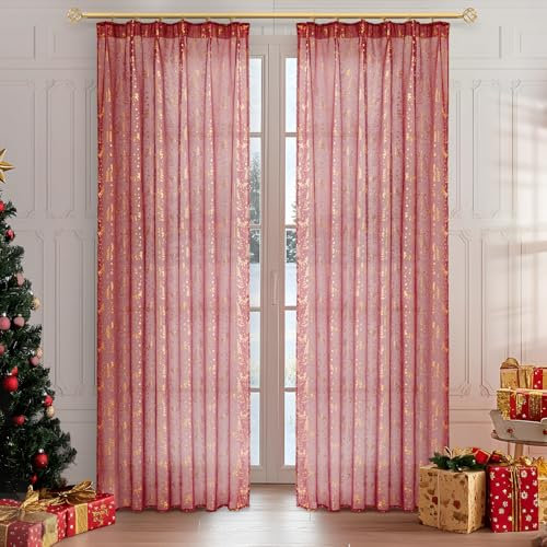 MRTREES Vorhang Weihnachten Wohnzimmer gardinen modern 2er Set rote Vorhang kinderzimmer gardinen mit Haken gardinen transparent mit einem Weihnachtsmotiv für Wohnzimmer,kinderzimmer 225x140 (H×B)