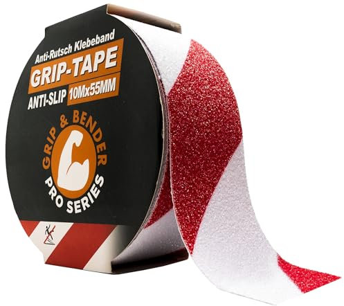 GRIP&BENDER Anti-Rutsch-Klebeband für Außen, Signal-Markierungsband für Aussen-Bereiche mit 80-Grit Körnung, Bodenmarkierungs-Klebeband für Treppen (Rotweiß, 10M x 55MM)