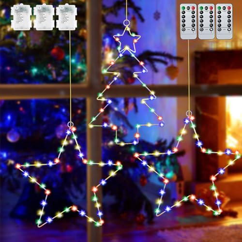 Ulikey Luces de Navidad para Ventana, 3 Piezas 40 LEDs Cortina de Luces con Estrellas, 8 Modos Navidad Decoración Luces con Temporizador, para Exterior Jardín Árbol Navidad Decoración (Luz de Color)