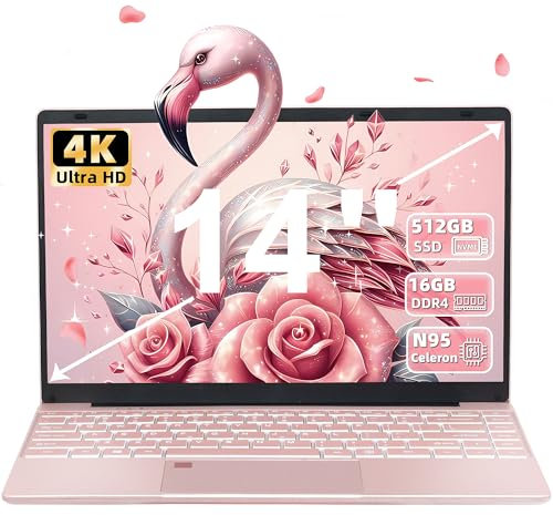 14 Rose Gold Laptop, 16GB RAM, 512GB PCIE NVMe SSD, 4K UHD(3840x2160) IPS Display, 12th Gen Alder Lake N95 CPU (Up to 3.4Ghz), Win11 Pro, Office19, Fingerprint, Backlit KB, WIFI, HDMI(16G+512GB)