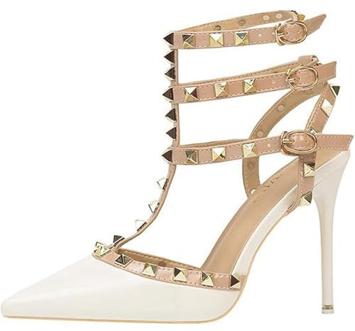 SPONYBORTY Scarpe da donna con cinturino alla caviglia borchiato Tacchi alti a spillo con cinturino a T borchiato Punta chiusa Slingback Abito da sposa Comode scarpe décolleté 10 cm stivali/F/35EU