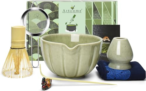 Artcome 7 Pcs Japanese Matcha Tea Set - Matcha Bowl with Pouring Spout, Matcha Whisk, Tea Scoop, Whisk Holder, Handmade Matcha Ceremony Kit for Japanese Tea Ceremony, Mottled Green