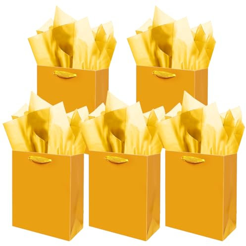 Gcardist Hellegelbe Geschenk Taschen mit Tissue Papier für Hochzeit, Geburtstag, Party Supplies-20x11x24cm Mittlere Größe Karton Geschenk Taschen (8x4.3x10Inch,5pcs Taschen +10pcs Tissue Papier)