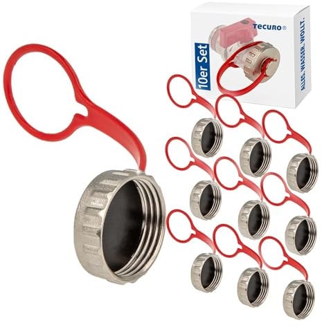 10 Stück - tecuro Kappe Blindkappe Verschlusskappe 3/4 Zoll (DN20), Verschluss für KFE-Hahn inkl. Dichtung und Halterung, mit Rändelung zur handfesten Montage, Messing vernickelt