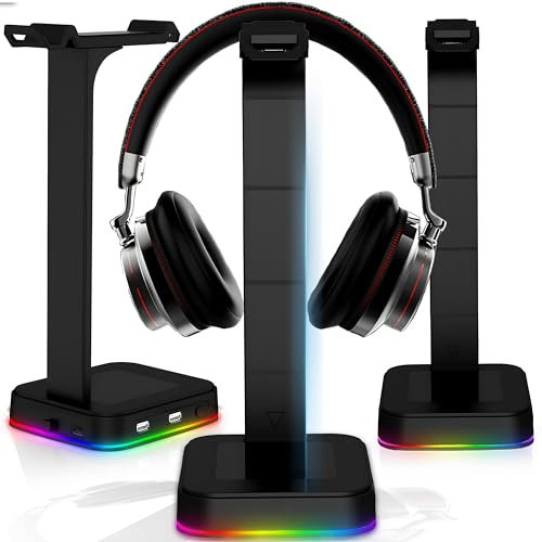 Retoo Headset Halterung Kopfhörer Ständer RGB Universal HUB USB Halter für Over Ear Kopfhörer Gaming Headset und Kopfhörerdisplay Geeignet für Tisch 12x13x26 cm Schwarz
