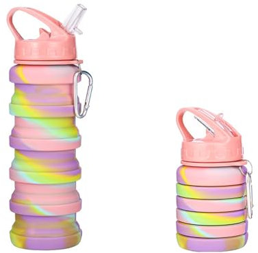 hssopa Faltbare Trinkflasche, Trinkflasche BPA Frei, Faltbare Wasserflasche 500ml, Reise Wasserflasche Faltbar, Camping Zubehör, Wandern Zubehör,Sportflasche (Griff, Rosa)