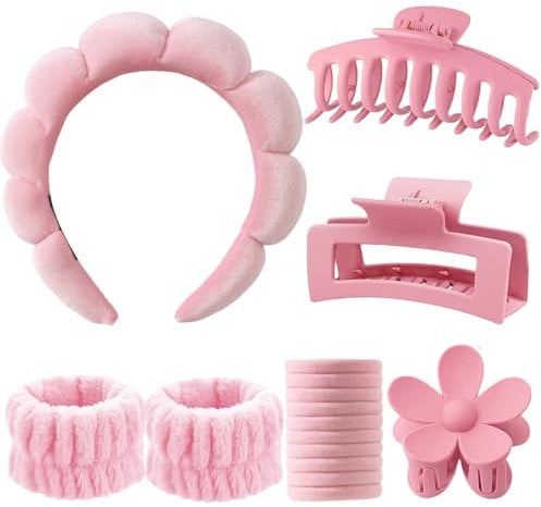 16pcs Spa Makeup Headband Set for Washing Face, Bubble Skincare Headband, Face Washing Wristbands, Big Hair Claw Clips, Elastic Hair Bands for Women Girls Makeup Removal Wash Spa Yoga Sports Shower