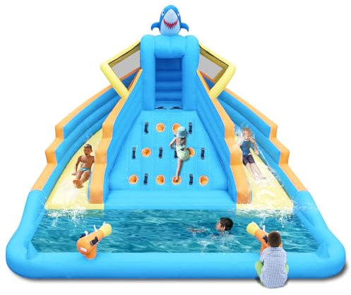 Inflatable Water Slide, 13FT Shark-Themed Large Bounce House with Dual Slides, Climbing Wall, Deep Pool, Water Cannon, 680W Blower, Storage Bag, Backyard Blow Up Water Park for Kids Aged 3–10