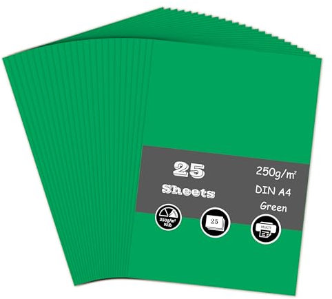 25 Blatt Tonpapier Grün, 250g/m² Tonkarton - DIN A4 Bastelkarton für Malen Kartenherstellung Einladungen Scrapbook Basteln