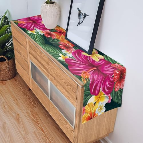 Habodd Tischläufer 180 x 33 cm, Leinen mit Tropischem Hibiskus-Muster - Buntes Vintage Tischtuch für Esszimmer, Küche, Party & Sommerdeko (Drinnen/Draußen)