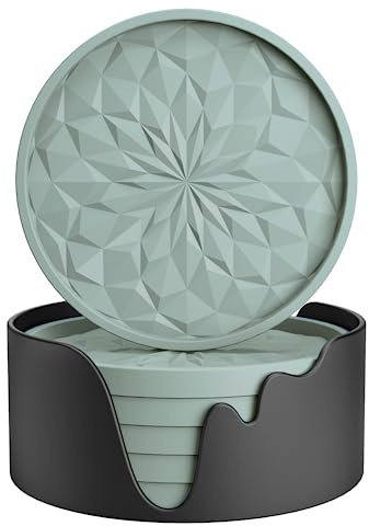 STLIAN Lot de 6 dessous de verre en silicone avec support - Pour boissons chaudes ou froides - Épais - Antidérapant - Antiadhésif - Plateau profond - Sauge du désert