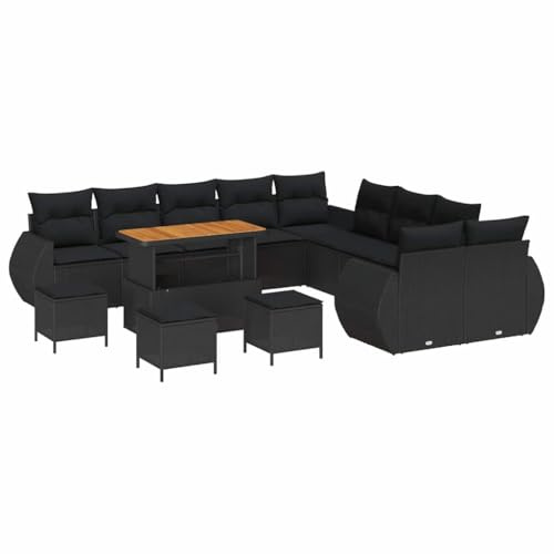 vidaXL 14-teiliges Garten-Sofa-Set mit Kissen, schwarz, aus Poly-Rattan und Akazie. UV-beständige Gartenmöbel im modernen Design für Terrassen, Balkone, Gärten und Patiobereich.