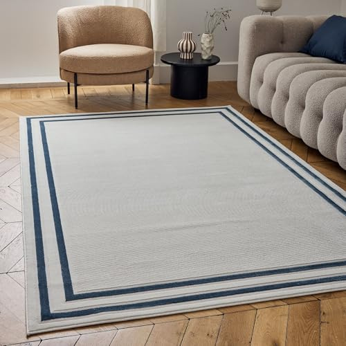 THE RUGS Carmel Modern Area Rug - Stain-Resistant, Non-Shedding, Durable Rugs for Living Room and Bedroom [ Bordered Blue, 160x230 cm ]