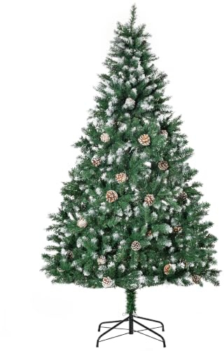 HOMCOM Künstlicher Weihnachtsbaum 180 cm Kieferbaum mit 59 Zapfen Schnee | 1111 Spitzen, Christbaum, Weihnachtsdeko, Inkl. Metallständer, für drinnen