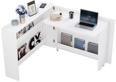 HAINEW Schreibtisch Computertisch L Form mit Rollen für Arbeitszimmer Wohnzimmer Homeoffice, 139×115×93cm, Sideboard Eckschreibtisch, Faltbarer, Anti-Kipp (Weiß)