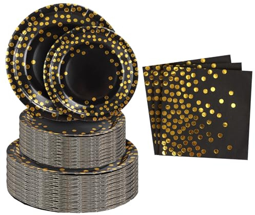 DAJAVE 150 Pcs Party Paper Plates, Black and Gold Party Tableware Set Paper Plates Napkins for Graduation, Birthday, Wedding, Cocktail Parties and Picnics