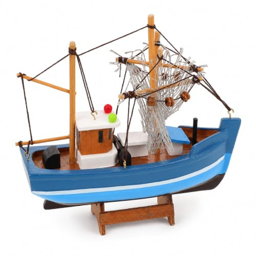 Gadpiparty Fischerboot-Modell aus Holz, Maritime Schiff-Deko 16 cm, 1 Stück | Detailreiche Küstendekoration mit Fischernetz und Ständer für Wohnzimmer, Büro, Regal und Strandhaus