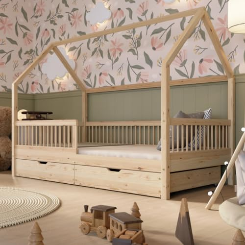 Crazy Pine Montessori Hausbett mit Schubladen Crazy Polly 200x90 cm Natur