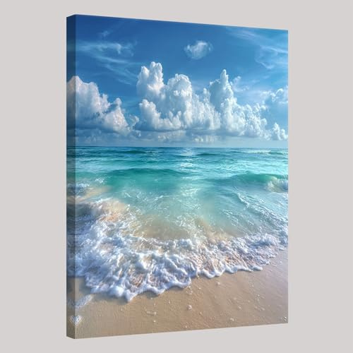 Blau Wandbilder Dekoration Meer, Strand, Wellen Bilder auf Leinwand Aufhängefertig Kunstdruck Wanddeko Bild Canvas Modern Leinwandbild mit Rahmen 60 x 40 cm