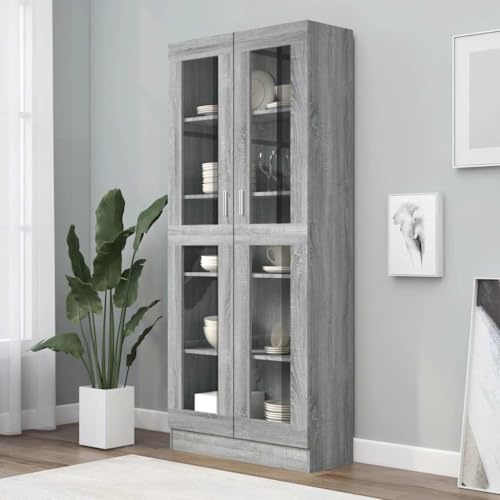 kithwjll Vitrinenschrank Grau Sonoma Holzwerkstoff 82,5x30,5x185 cm mit 5 Fächern und 2 Glastüren, schmales Bücherregal, Standregal, Bibliothek Möbel für Wohnzimmer und Büro