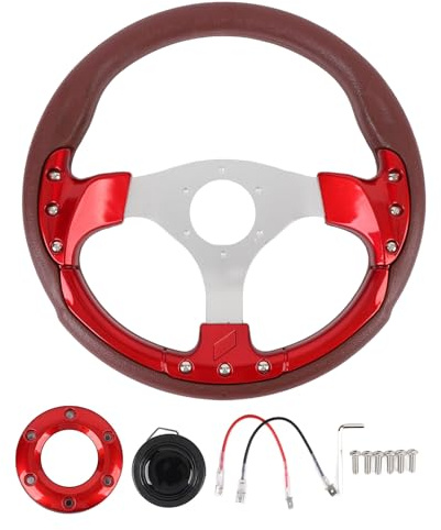 Hamwesh Volante da, Volante Automobilistico in Pelle PU e Alluminio da 13 Pollici a 3 Razze, Universale con Pulsante Clacson e 6 Bulloni per la Modifica dell'auto (rosso)
