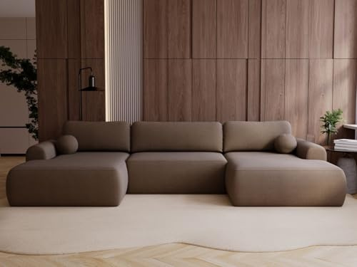 GRAINGOLD Savana U Ecksofa mit Schlaffunktion, 344x177 cm, U-Form Sofa, Schlafcouch für Wohnzimmer, Bouclé-Stoff, 5-Sitzer Wohnlandschaft, Ecksofa mit Bettkasten (Braun)