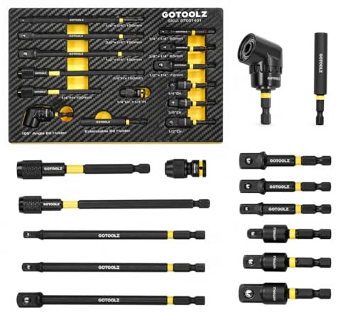14PC Impact Socket Adapter Set, 1/4,3/8,1/2 Square Drive Socket Adapter,Quick-Release & Magnetic Drill Bit Extension,Swivel & Right Angle Drill Accessories (Yellow-EU)