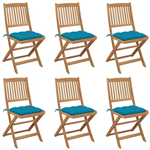 HETFTJN Set of 6 Acacia Wood Folding Patio Chairs with Blue Cushions