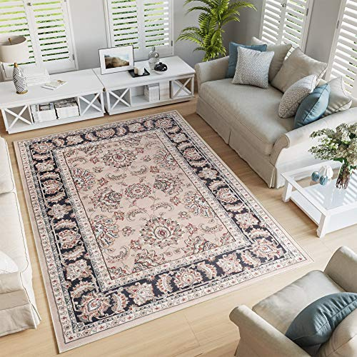 TAPISO Colorado Teppich Kurzflor Beige Schwarz Blumen Floral 200 x 300 cm | strapzierfähiger Teppich Wohnzimmer Klassisch Orientalisch Ornament Muster Orientteppich OEKO-TEX