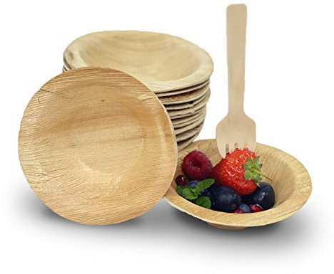 Canape King 25 pcs Disposable Palm Leaf Bowls | Eco-Friendly 4'' (10cm) Round Dessert Serving Bowl | Biodegradable Wooden Bowl for Hot & Cold Food | Heavy-Duty Salad Bowls