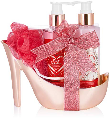 BRUBAKER Cosmetics 4-tlg. Bade- und Dusch Set Himbeere Champagner | Pflegeset Geschenkset in High Heel Rosé Gold