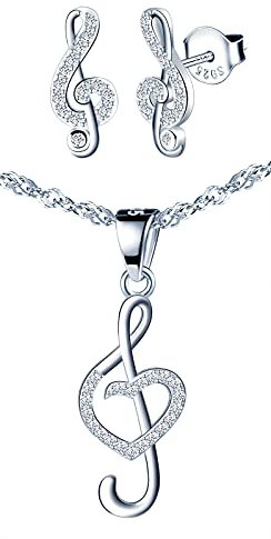 Yumilok Damen Schmuck-Set mit Halskette und Ohrringen Set in 925 Sterling Silber Zirkonia Musik-Note Anhänger