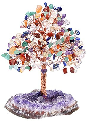 CrystalTears 7 Chakren Lebensbaum Deko Chakra Steine Money Trees mit Amethyst Druse Basis Feng Shui Deko für Wohlstand Glück