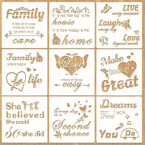 VETPW 9Pcs Inspirierende Worte Schablonen Stencil Zubehör, Painting Schablone mit Zitat Herz Schmetterling Design, Wiederverwendbare Schablone für DIY Malerei auf Holz Wand Scrapbooking Dekor, 20x20CM