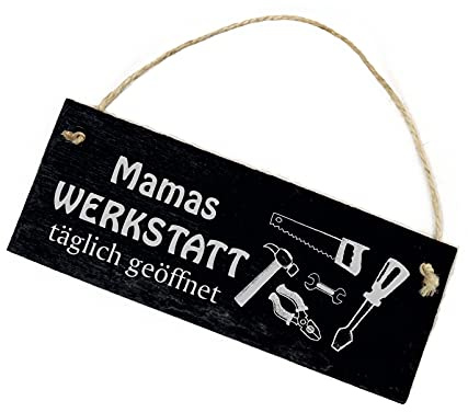 Mamas Werkstatt Schild Schiefer Gravur - täglich geöffnet - Werkzeug Mama Türschild 8 x 22 cm