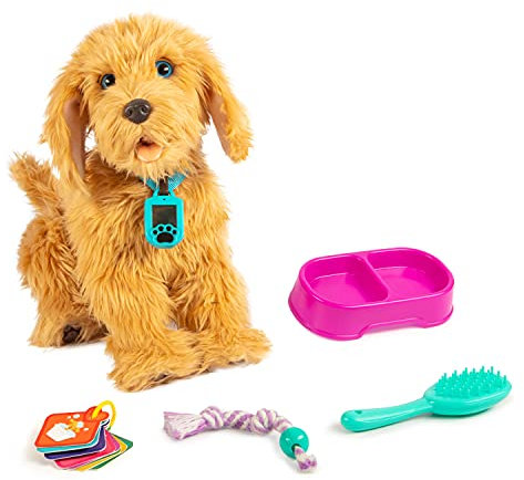 Joy Toy MOJI, der große interaktive Labradoodle Welpe mit 150 Reaktionen. Der kuschlige Hund reagiert auf Sprachbefehle, Berührung und mitgelieferten Karten., 35 cm