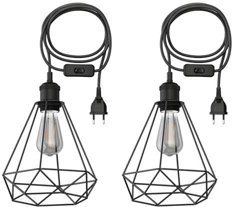 ledscom.de 2 Stück 3 m Textilkabel RETRA, Vintage, Stecker, Schalter, schwarz, Käfig-Schirm + LED Lampe 240lm, extra-warmweiß