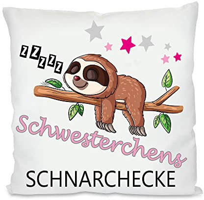 Schnarchecke Kuschelkissen |Geschenk| Eltern Mama, Papa, Tante, Bruder, Schwester | Fotokissen | Motivkissen | bedrucktes Kissen | Baumwolle | Kissen | Motivkissen (ohne Kissenfüllung, Schwesterchen)
