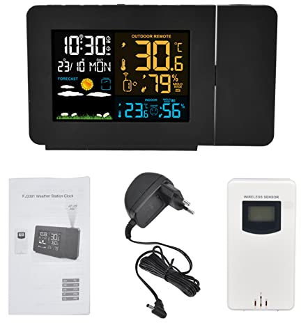 Reloj Despertador de Proyección Digital para Dormitorios con Estación Meteorológica, Termómetro Higrómetro Inalámbrico para Interiores Y Exteriores, 7 Idiomas, Relojes de Alarma Duales para Dormitorio
