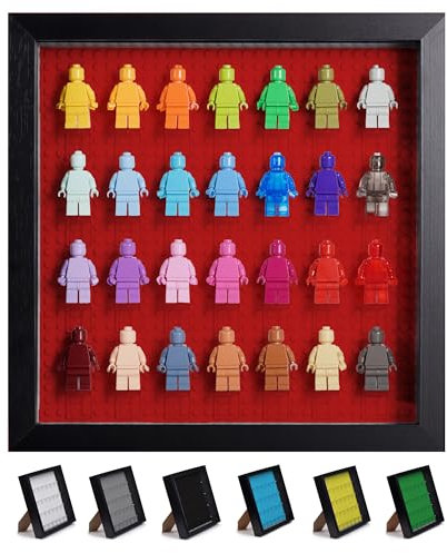 Minifiguren Vitrine Wandhalterung Kompatibel mit Lego Minifiguren – Shadow Box Acrylic Display Case for Minifigure Display – Tischregal für Lego Figuren – Rote Base Plate – Platz für 28 Minifiguren